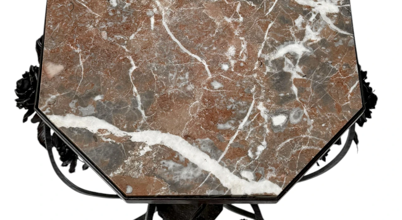 French Art Deco Wrough Iron XL Pedestal with Multi-Colored Marble Top, 1930s